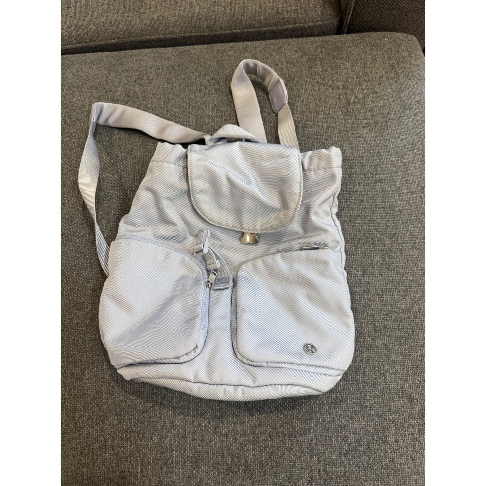 Lululemon Athletica Light Grey Drawstring Flap Backpack Silver Sport Bag